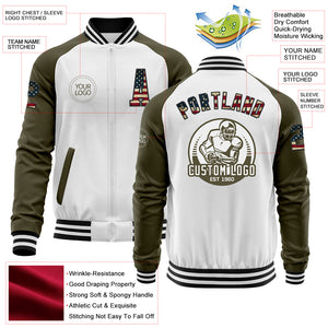 Custom White Vintage USA Flag Black-Olive Bomber Varsity Letterman Two Tone Zipper Jacket