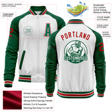 Load image into Gallery viewer, Custom White Red-Kelly Green Bomber Varsity Letterman Two Tone Zipper Jacket
