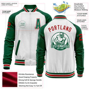 Custom White Red-Kelly Green Bomber Varsity Letterman Two Tone Zipper Jacket