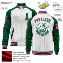 Load image into Gallery viewer, Custom White Pink-Kelly Green Bomber Varsity Letterman Two Tone Zipper Jacket
