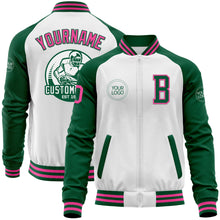 Load image into Gallery viewer, Custom White Pink-Kelly Green Bomber Varsity Letterman Two Tone Zipper Jacket
