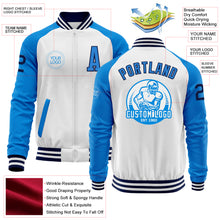 Load image into Gallery viewer, Custom White Navy-Powder Blue Bomber Varsity Letterman Two Tone Zipper Jacket
