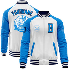 Load image into Gallery viewer, Custom White Navy-Powder Blue Bomber Varsity Letterman Two Tone Zipper Jacket
