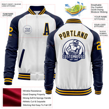 Load image into Gallery viewer, Custom White Gold-Navy Bomber Varsity Letterman Two Tone Zipper Jacket
