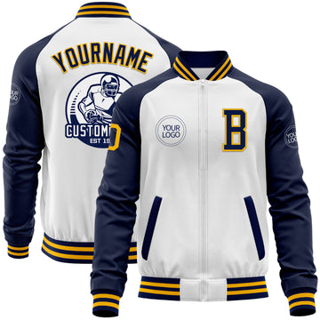 Custom White Gold-Navy Bomber Varsity Letterman Two Tone Zipper Jacket