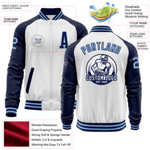 Load image into Gallery viewer, Custom White Light Blue-Navy Bomber Varsity Letterman Two Tone Zipper Jacket
