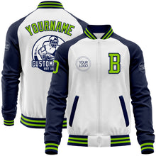 Load image into Gallery viewer, Custom White Neon Green-Navy Bomber Varsity Letterman Two Tone Zipper Jacket
