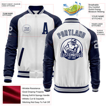 Load image into Gallery viewer, Custom White Gray-Navy Bomber Varsity Letterman Two Tone Zipper Jacket
