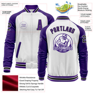 Custom White Black-Purple Bomber Varsity Letterman Two Tone Zipper Jacket