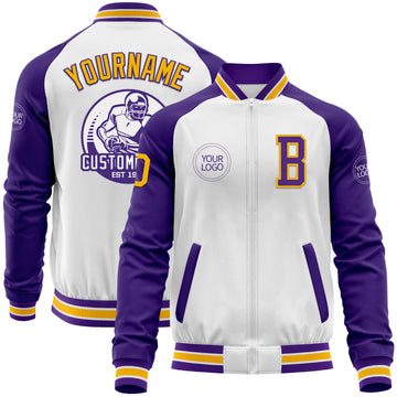 Custom White Gold-Purple Bomber Varsity Letterman Two Tone Zipper Jacket