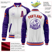 Load image into Gallery viewer, Custom White Orange-Purple Bomber Varsity Letterman Two Tone Zipper Jacket
