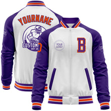 Load image into Gallery viewer, Custom White Orange-Purple Bomber Varsity Letterman Two Tone Zipper Jacket
