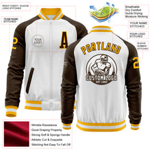 Load image into Gallery viewer, Custom White Gold-Brown Bomber Varsity Letterman Two Tone Zipper Jacket
