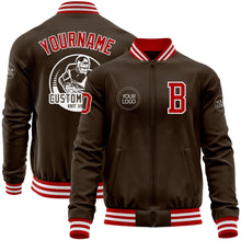 Load image into Gallery viewer, Custom Brown Red-White Bomber Varsity Letterman Zipper Jacket
