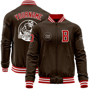 Custom Brown Red-White Bomber Varsity Letterman Zipper Jacket