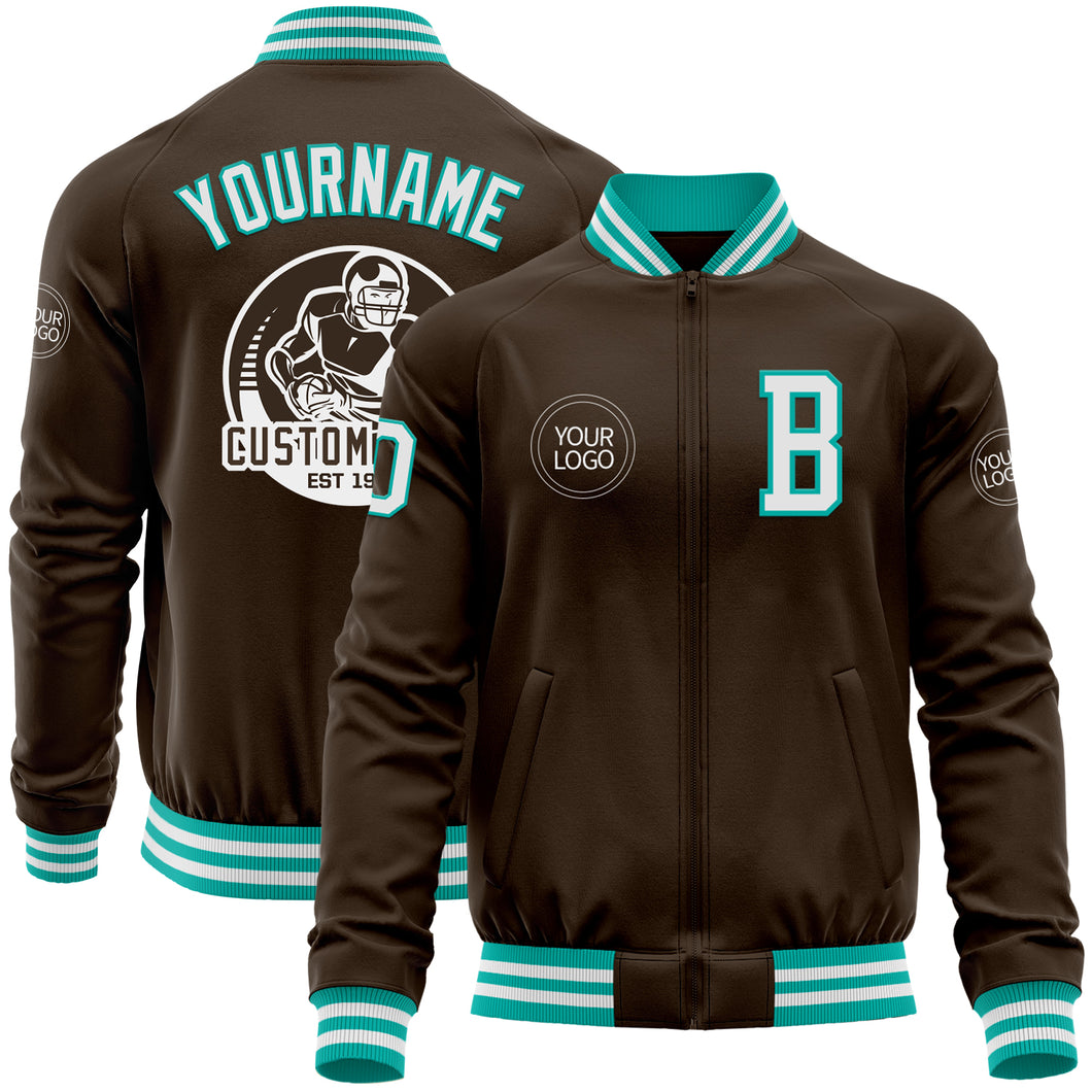 Custom Brown White-Aqua Bomber Varsity Letterman Zipper Jacket