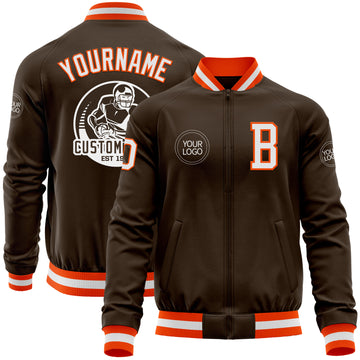 Custom Brown White-Orange Bomber Varsity Letterman Zipper Jacket