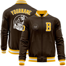 Load image into Gallery viewer, Custom Brown Gold-White Bomber Varsity Letterman Zipper Jacket
