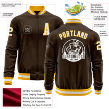 Load image into Gallery viewer, Custom Brown White-Gold Bomber Varsity Letterman Zipper Jacket
