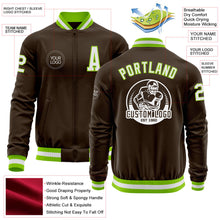 Load image into Gallery viewer, Custom Brown White-Neon Green Bomber Varsity Letterman Zipper Jacket
