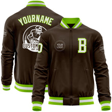 Load image into Gallery viewer, Custom Brown White-Neon Green Bomber Varsity Letterman Zipper Jacket
