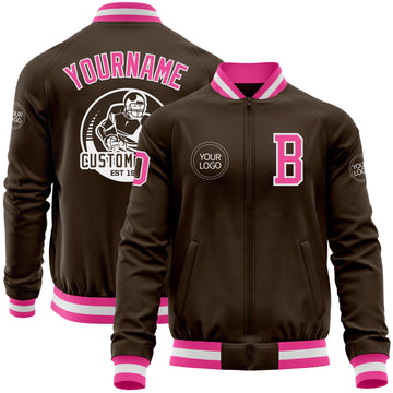 Custom Brown Pink-White Bomber Varsity Letterman Zipper Jacket