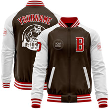 Load image into Gallery viewer, Custom Brown Red-White Bomber Varsity Letterman Two Tone Zipper Jacket
