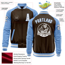 Load image into Gallery viewer, Custom Brown White-Light Blue Bomber Varsity Letterman Two Tone Zipper Jacket
