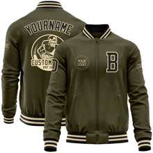 Load image into Gallery viewer, Custom Olive Black-Cream Bomber Varsity Letterman Salute To Service Zipper Jacket
