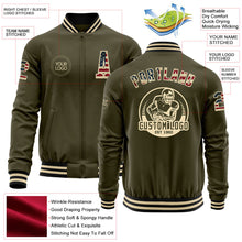 Load image into Gallery viewer, Custom Olive Vintage USA Flag Cream-Black Bomber Varsity Letterman Salute To Service Zipper Jacket
