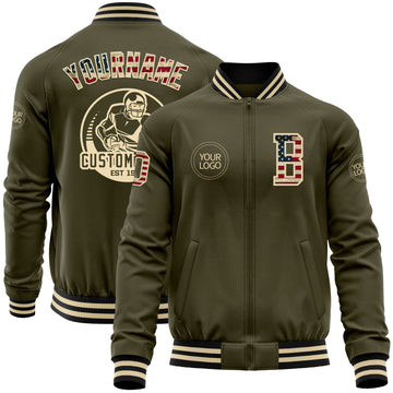 Custom Olive Vintage USA Flag Cream-Black Bomber Varsity Letterman Salute To Service Zipper Jacket