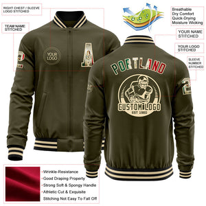 Custom Olive Vintage Mexican Flag Cream-Black Bomber Varsity Letterman Salute To Service Zipper Jacket