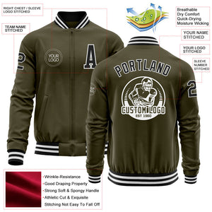 Custom Olive Black-White Bomber Varsity Letterman Salute To Service Zipper Jacket