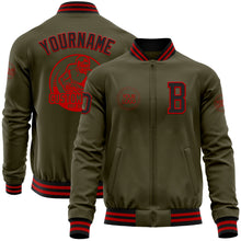 Load image into Gallery viewer, Custom Olive Black-Red Bomber Varsity Letterman Salute To Service Zipper Jacket
