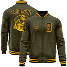 Load image into Gallery viewer, Custom Olive Black-Gold Bomber Varsity Letterman Salute To Service Zipper Jacket
