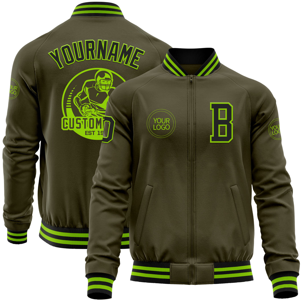 Custom Olive Black-Neon Green Bomber Varsity Letterman Salute To Service Zipper Jacket