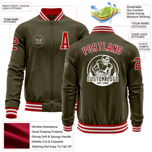 Custom Olive Red-White Bomber Varsity Letterman Salute To Service Zipper Jacket