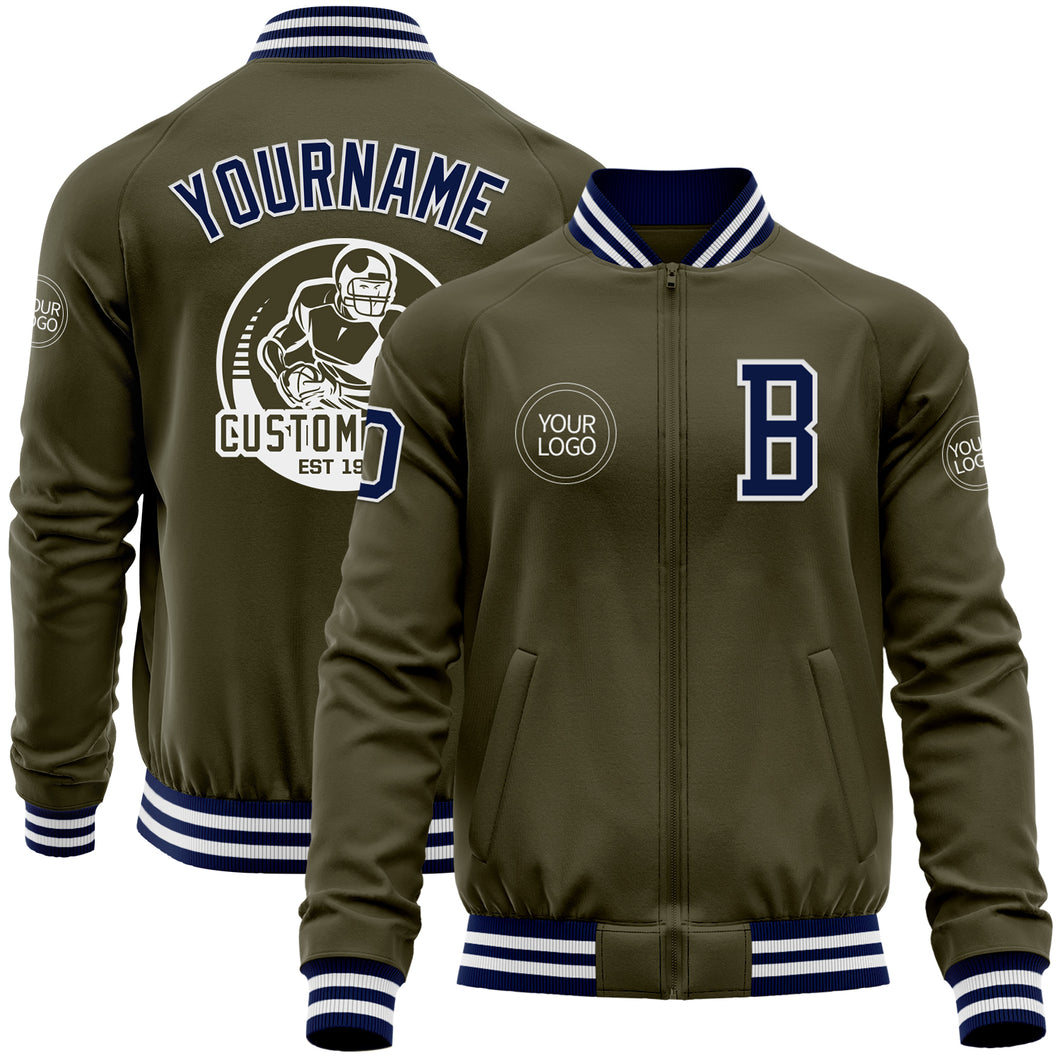 Custom Olive Navy-White Bomber Varsity Letterman Salute To Service Zipper Jacket