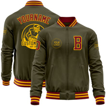 Load image into Gallery viewer, Custom Olive Crimson-Gold Bomber Varsity Letterman Salute To Service Zipper Jacket
