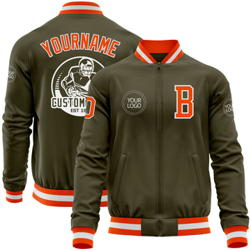 Custom Olive Orange-White Bomber Varsity Letterman Salute To Service Zipper Jacket