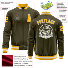 Load image into Gallery viewer, Custom Olive Gold-White Bomber Varsity Letterman Salute To Service Zipper Jacket
