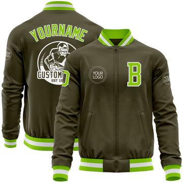 Custom Olive Neon Green-White Bomber Varsity Letterman Salute To Service Zipper Jacket