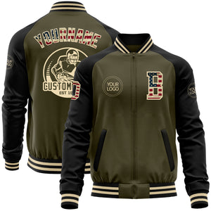 Custom Olive Vintage USA Flag Black-Cream Bomber Varsity Letterman Two Tone Salute To Service Zipper Jacket