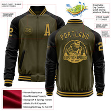 Load image into Gallery viewer, Custom Olive Old Gold-Black Bomber Varsity Letterman Two Tone Salute To Service Zipper Jacket
