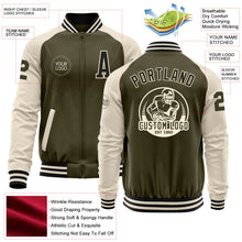 Load image into Gallery viewer, Custom Olive Black-Cream Bomber Varsity Letterman Two Tone Salute To Service Zipper Jacket
