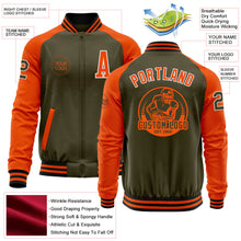 Load image into Gallery viewer, Custom Olive White-Orange Bomber Varsity Letterman Two Tone Salute To Service Zipper Jacket
