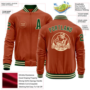 Custom Texas Orange Green-Cream Bomber Varsity Letterman Zipper Jacket