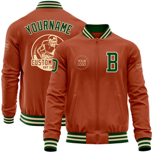 Custom Texas Orange Green-Cream Bomber Varsity Letterman Zipper Jacket