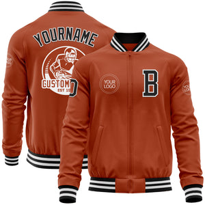 Custom Texas Orange Black-White Bomber Varsity Letterman Zipper Jacket