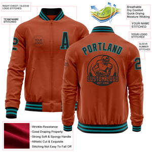 Custom Texas Orange Black-Teal Bomber Varsity Letterman Zipper Jacket